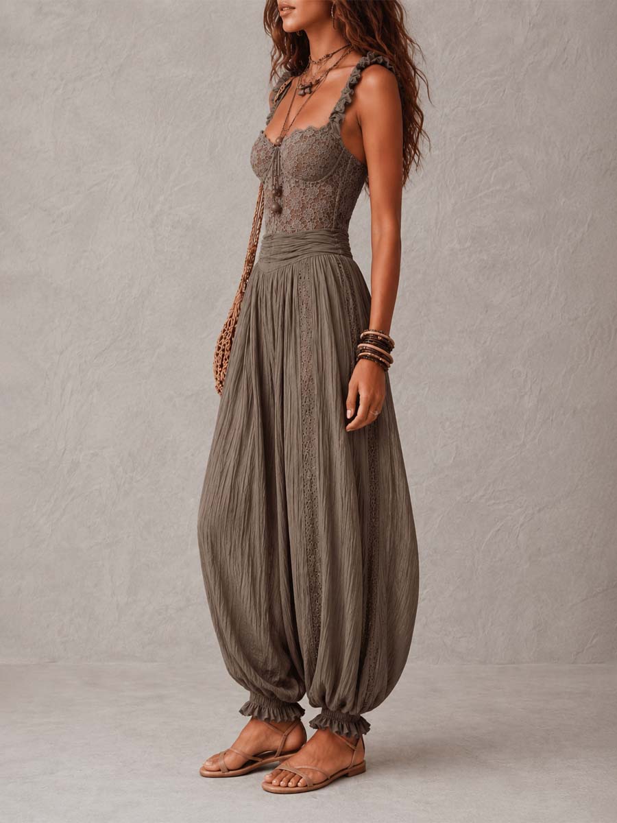 Nieves - Conjunto Bandeau de Encaje Gris y Pantalón Harem Plisado
