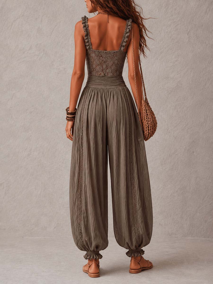 Nieves - Conjunto Bandeau de Encaje Gris y Pantalón Harem Plisado