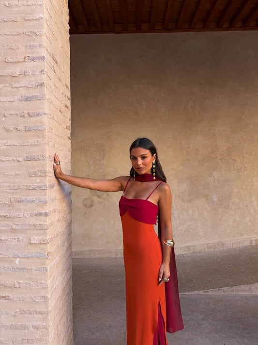 Zahara - Vestido Naranja y Rojo con Pañuelo Incluido