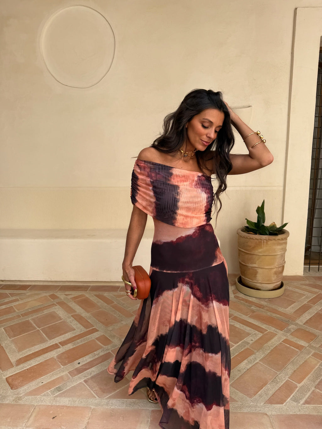 Toledo - Vestido de Tul Estampado Naranja y Marrón