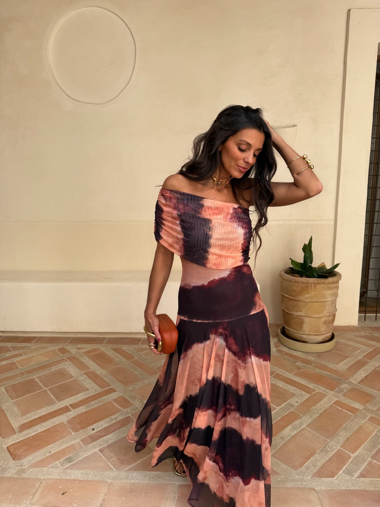 Toledo - Vestido de Tul Estampado Naranja y Marrón