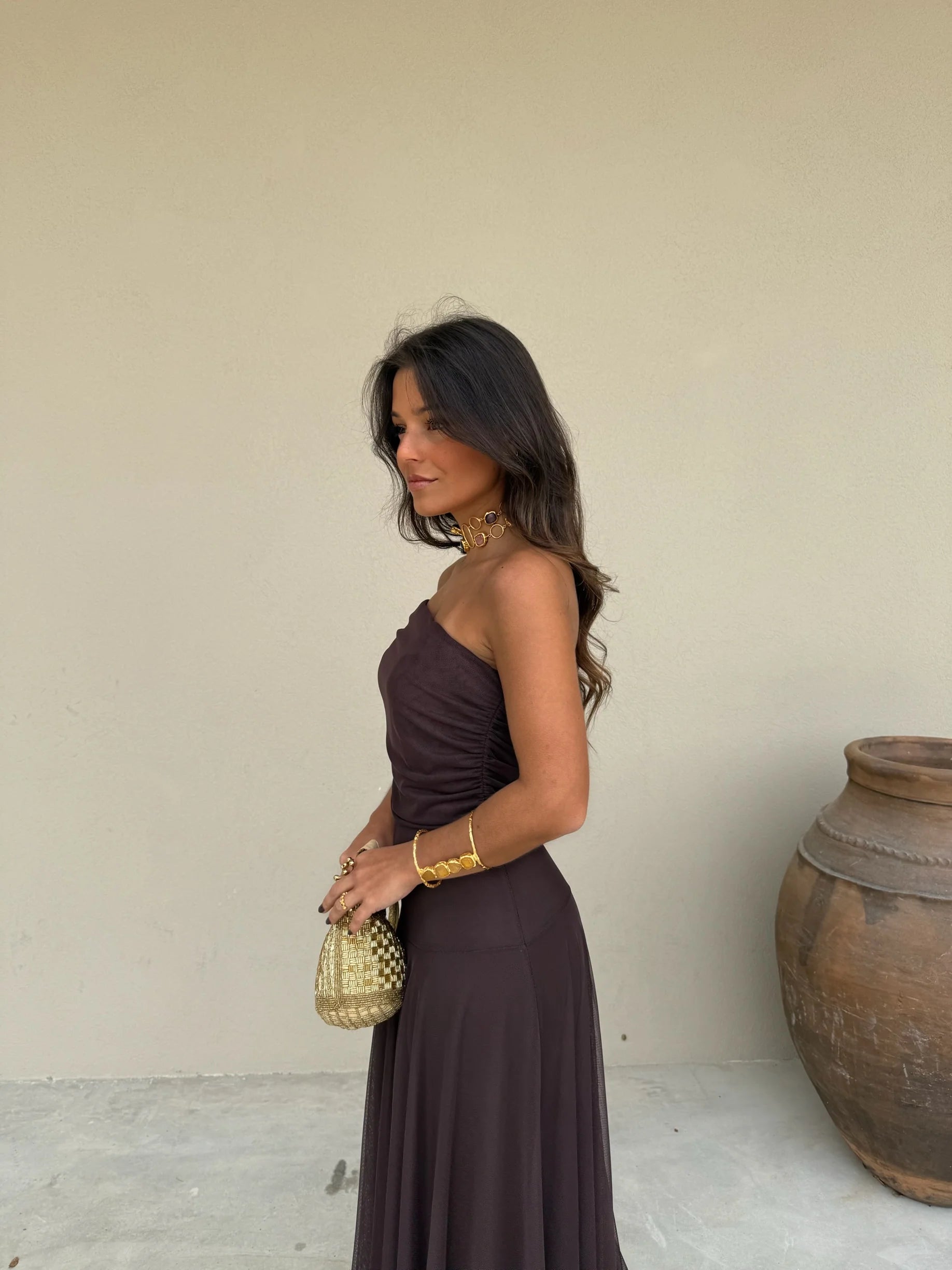 Claudia - Vestido Largo de Tül Marrón