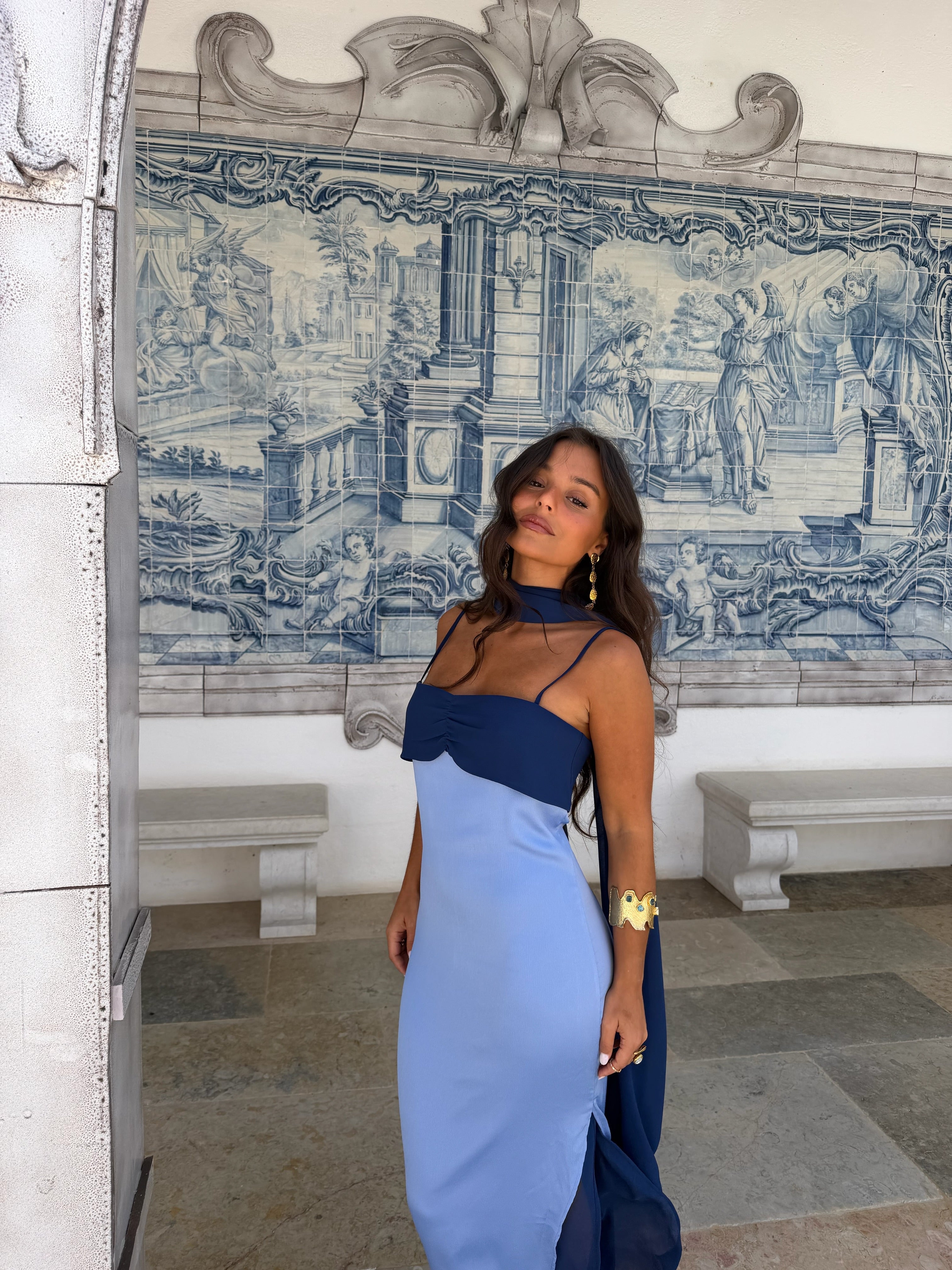 Zahara - Vestido Azul con Pañuelo Incluido