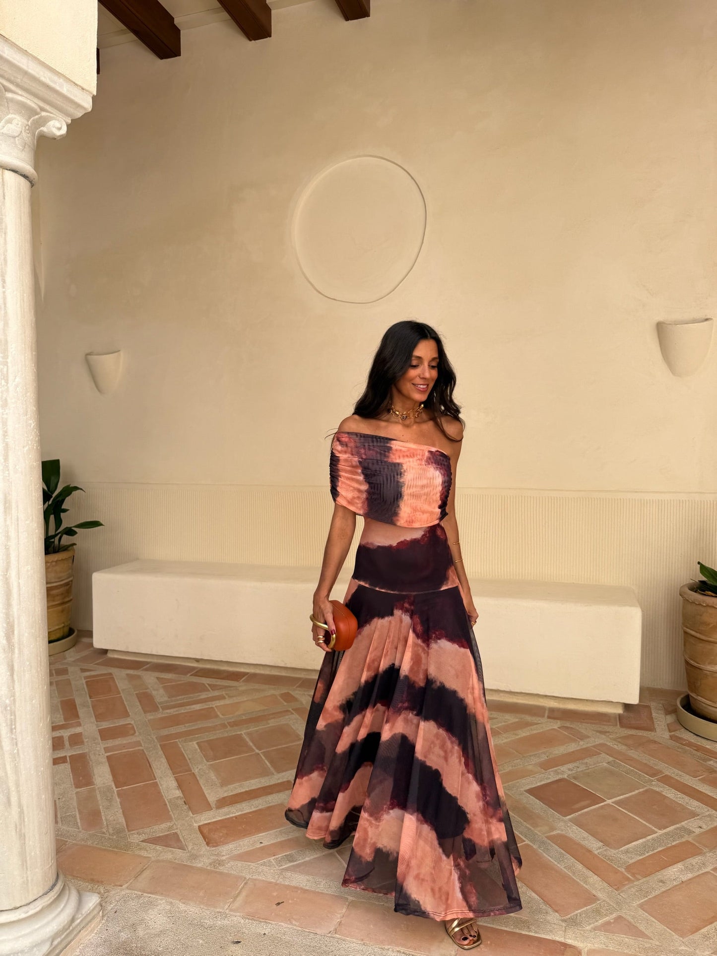 Toledo - Vestido de Tul Estampado Naranja y Marrón