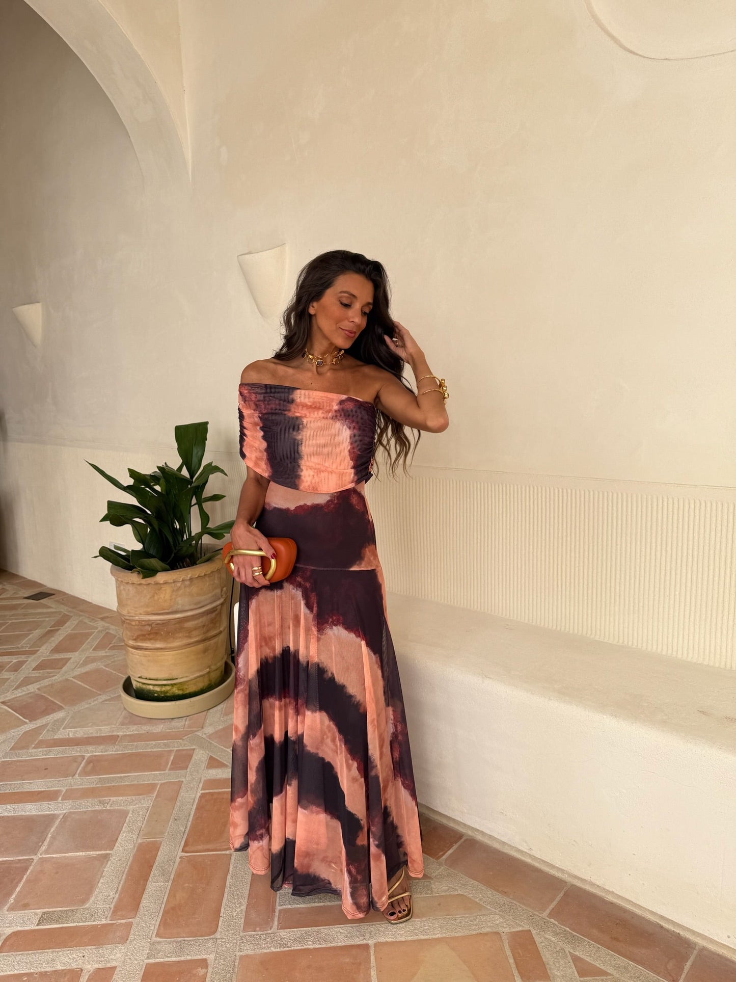 Toledo - Vestido de Tul Estampado Naranja y Marrón