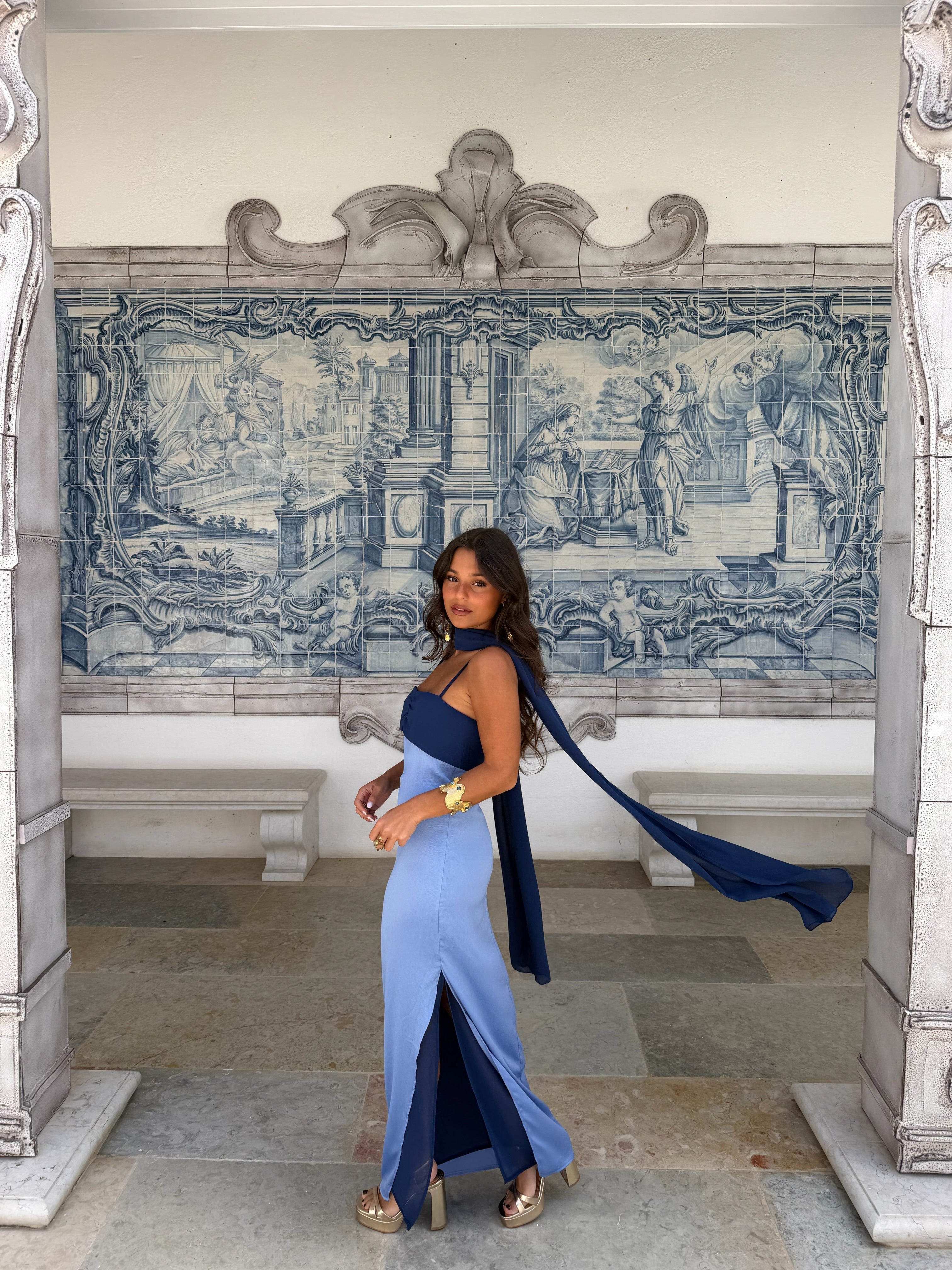 Zahara - Vestido Azul con Pañuelo Incluido