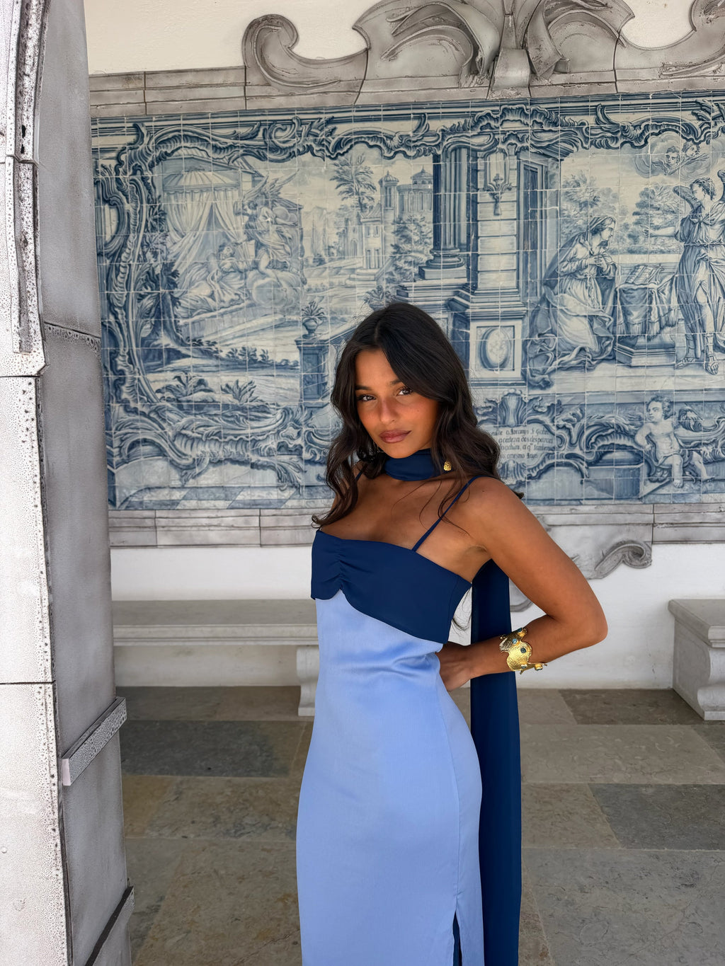 Zahara - Vestido Azul con Pañuelo Incluido