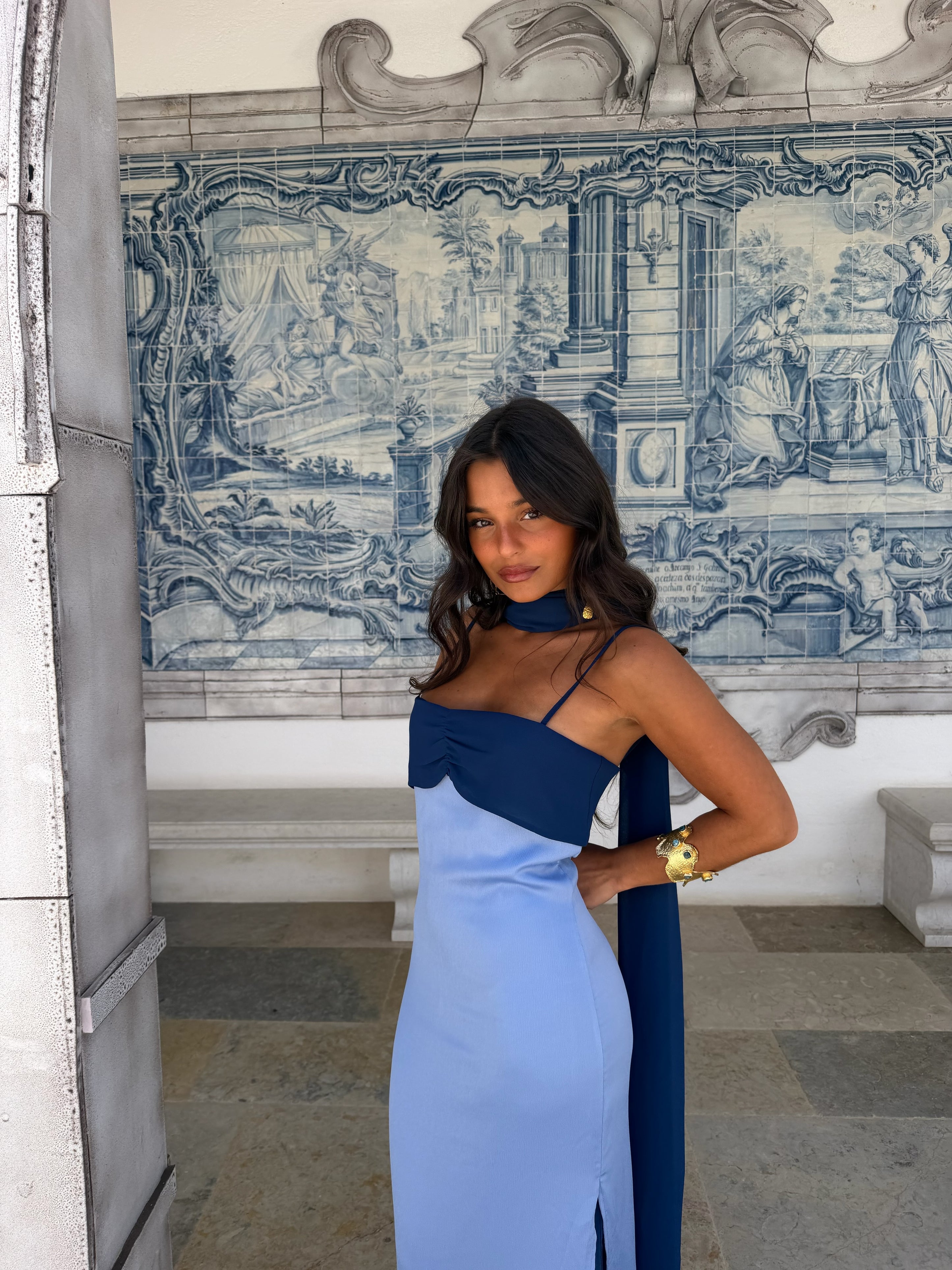 Zahara - Vestido Azul con Pañuelo Incluido