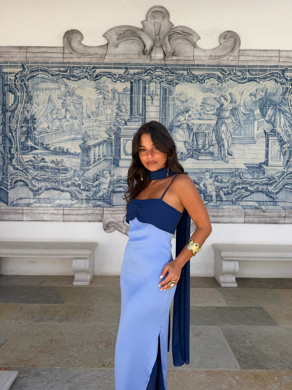 Zahara - Vestido Azul con Pañuelo Incluido