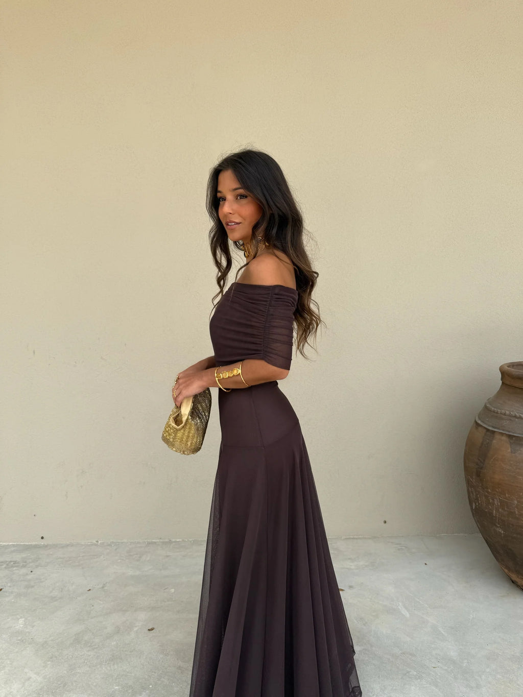 Claudia - Vestido Largo de Tül Marrón