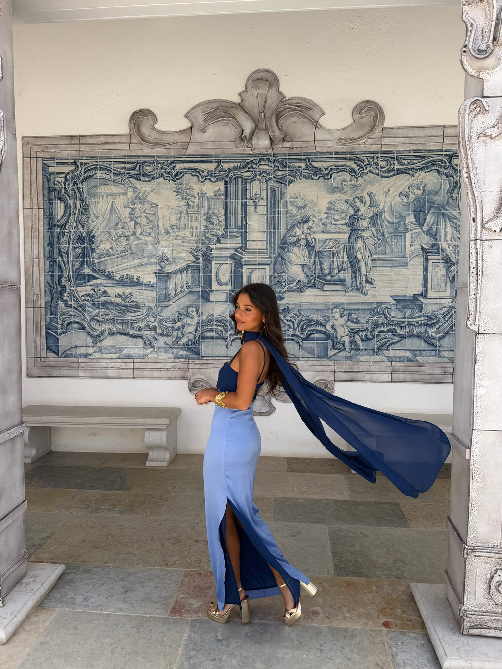 Zahara - Vestido Azul con Pañuelo Incluido