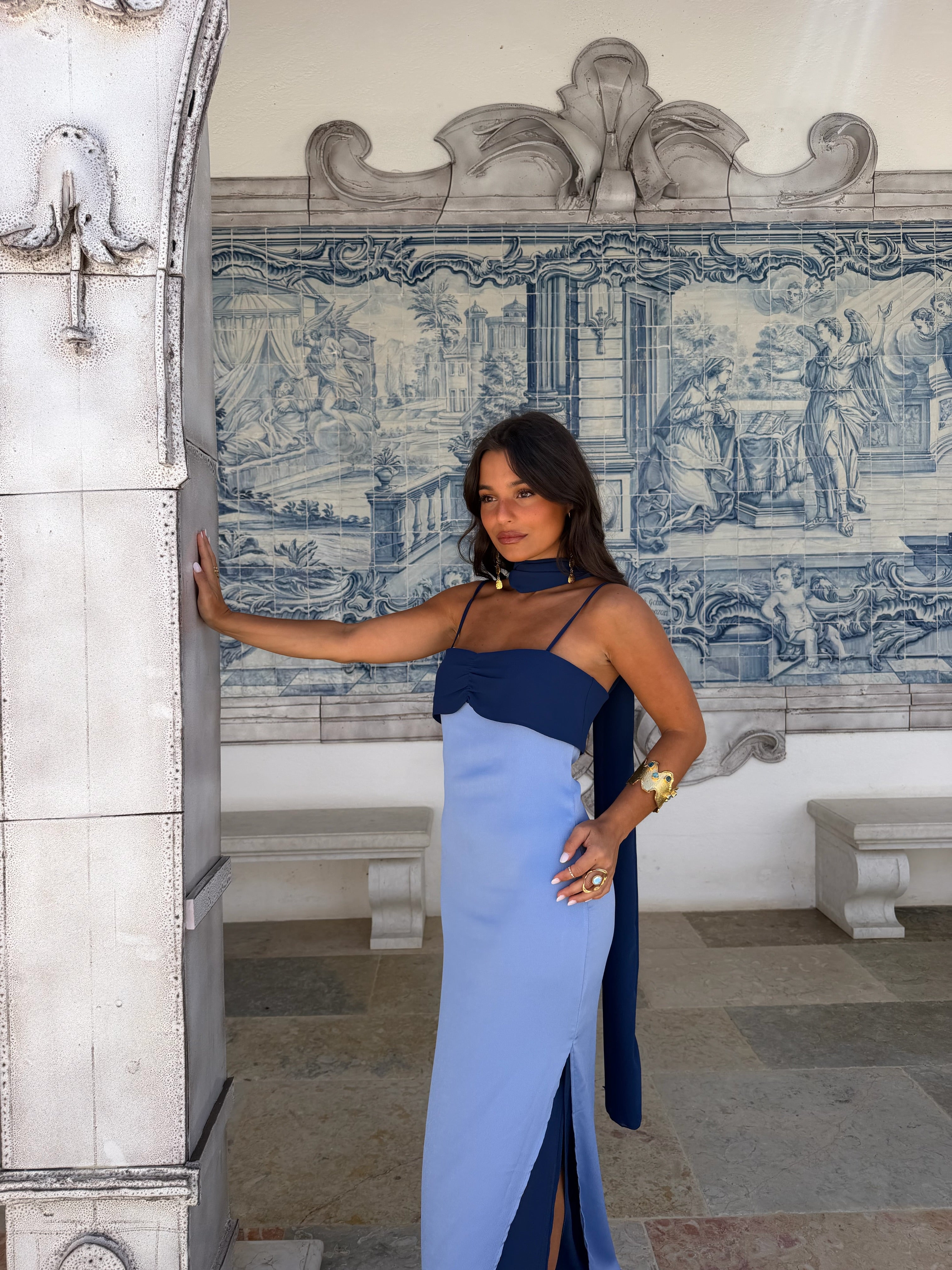 Zahara - Vestido Azul con Pañuelo Incluido