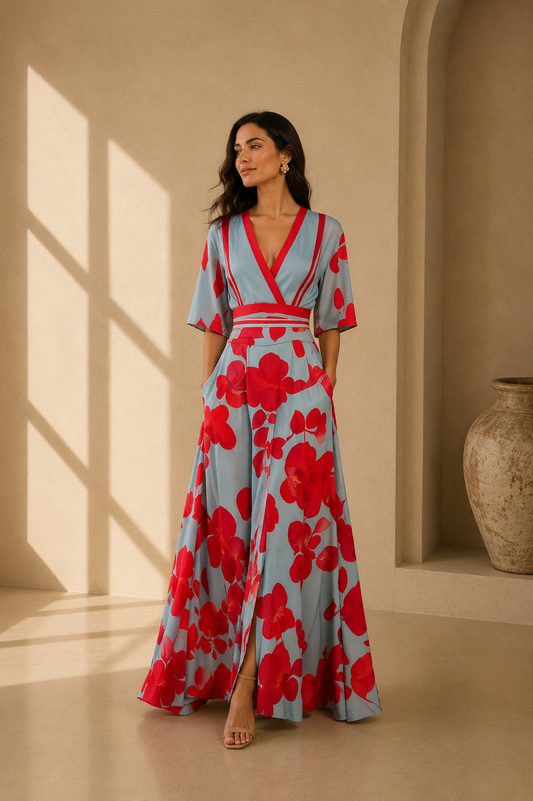 Noelle - Vestido Floral con Escote en V y Cintura Ajustable