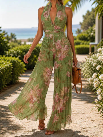 Adriana - Mono Floral de Gasa con Escote en V y Pantalón de Pierna Ancha