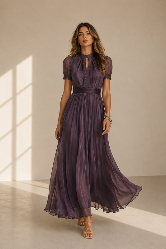 Andrea - Vestido Largo de Chifón con Encaje