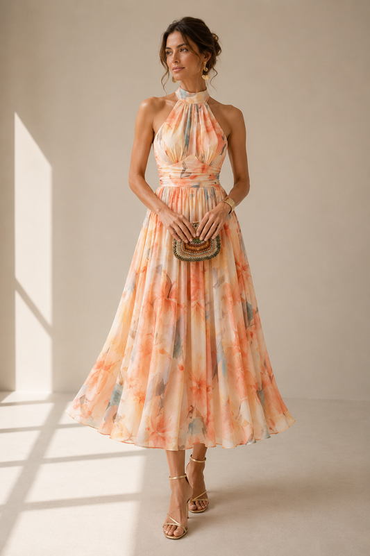 Aurora - Vestido Largo Plisado con Estampado Floral