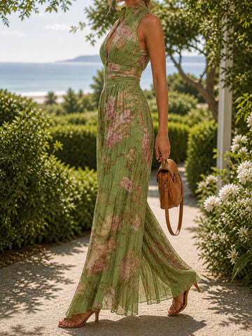 Adriana - Mono Floral de Gasa con Escote en V y Pantalón de Pierna Ancha