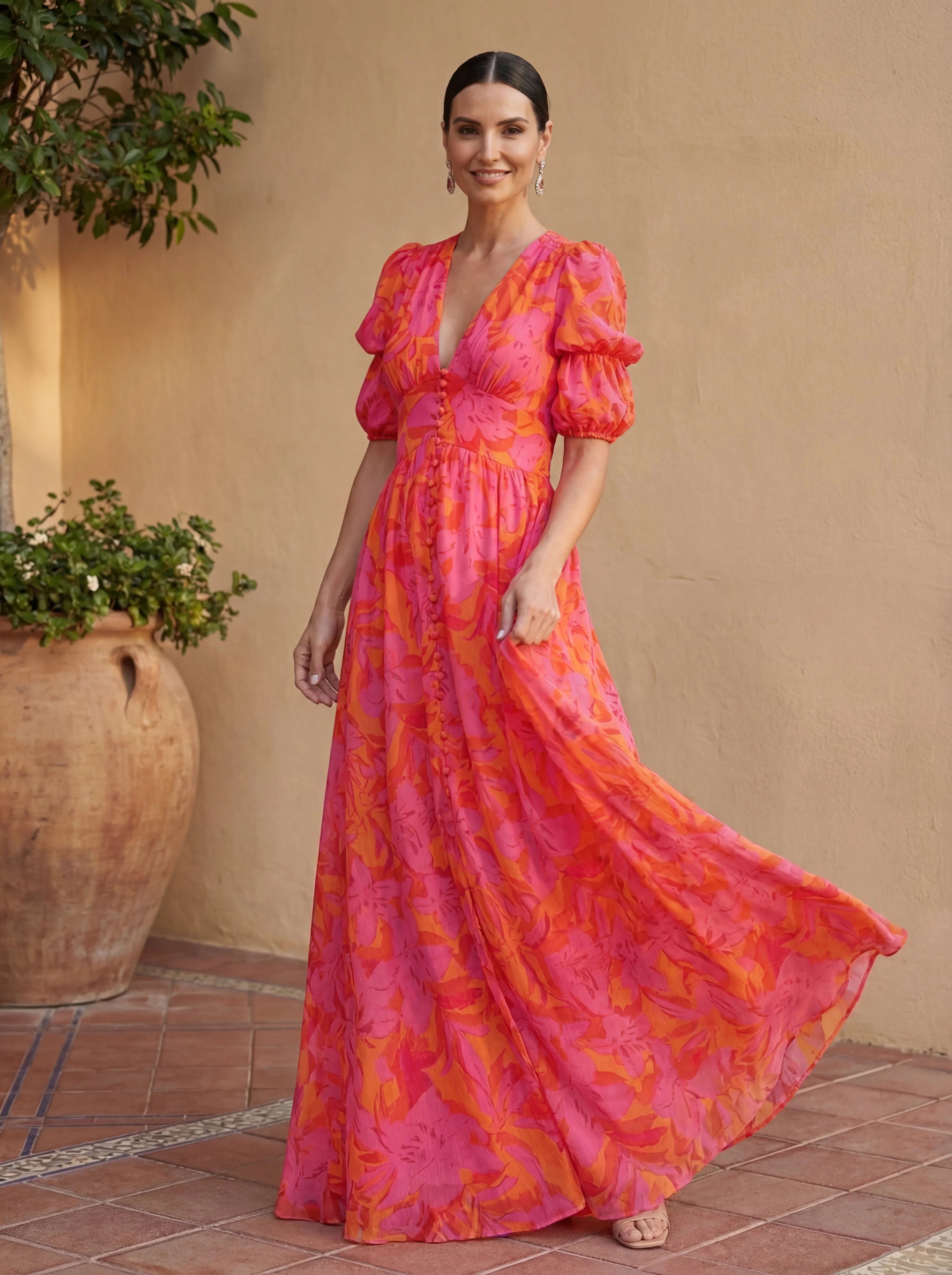Olivia - Vestido Fluido Rosa y Naranja con Escote en V