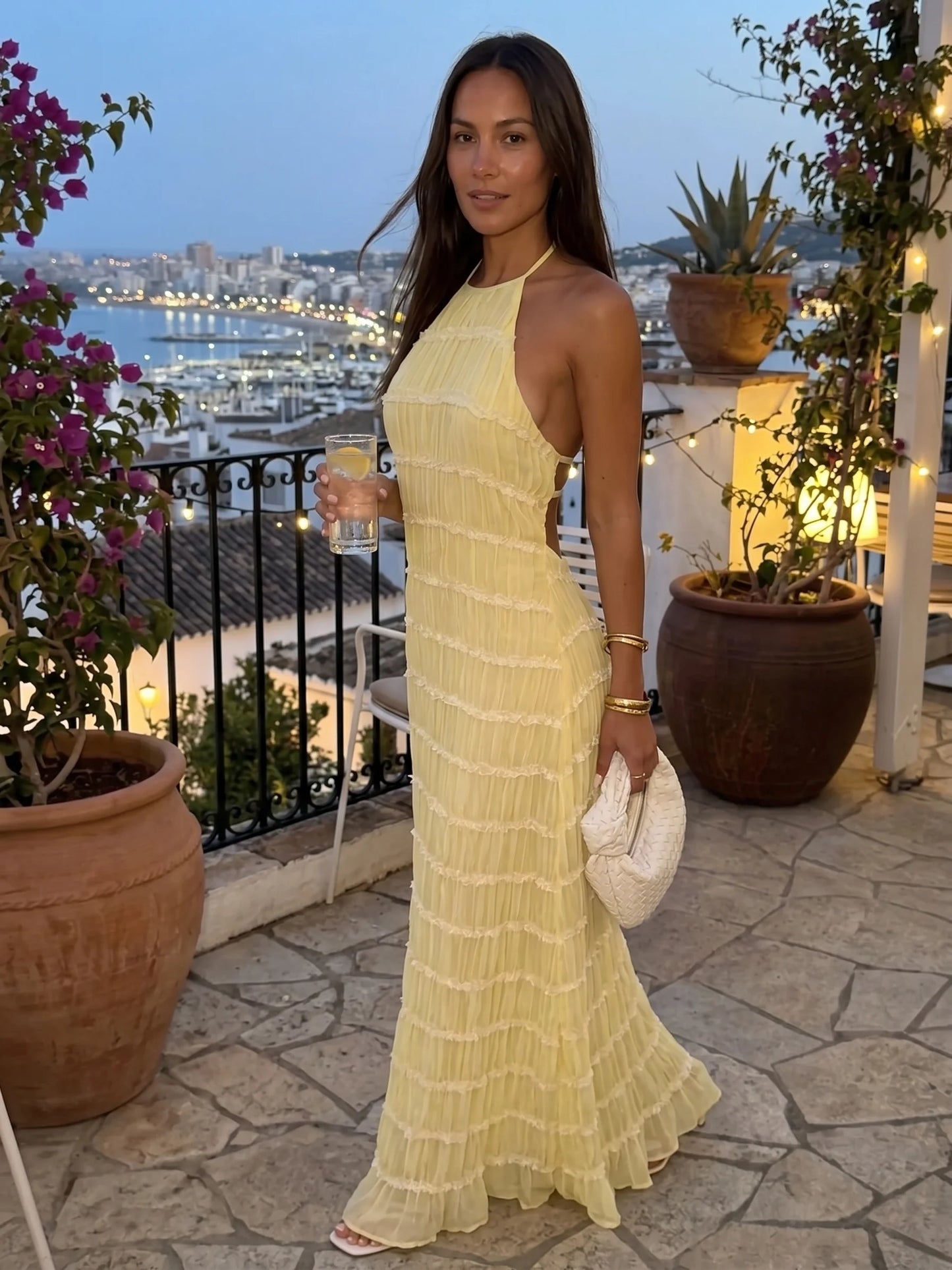 Ángela - Vestido Largo Halter con Volantes Escalonados