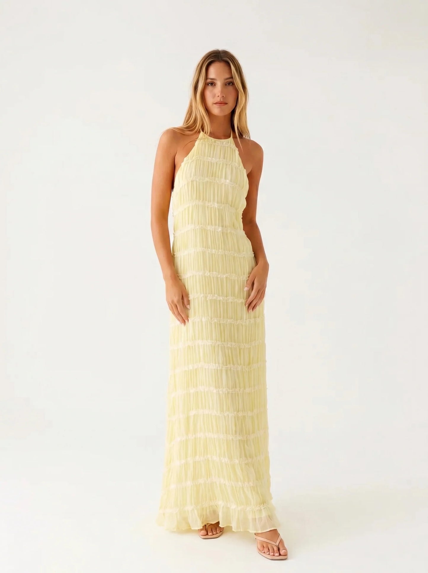 Ángela - Vestido Largo Halter con Volantes Escalonados
