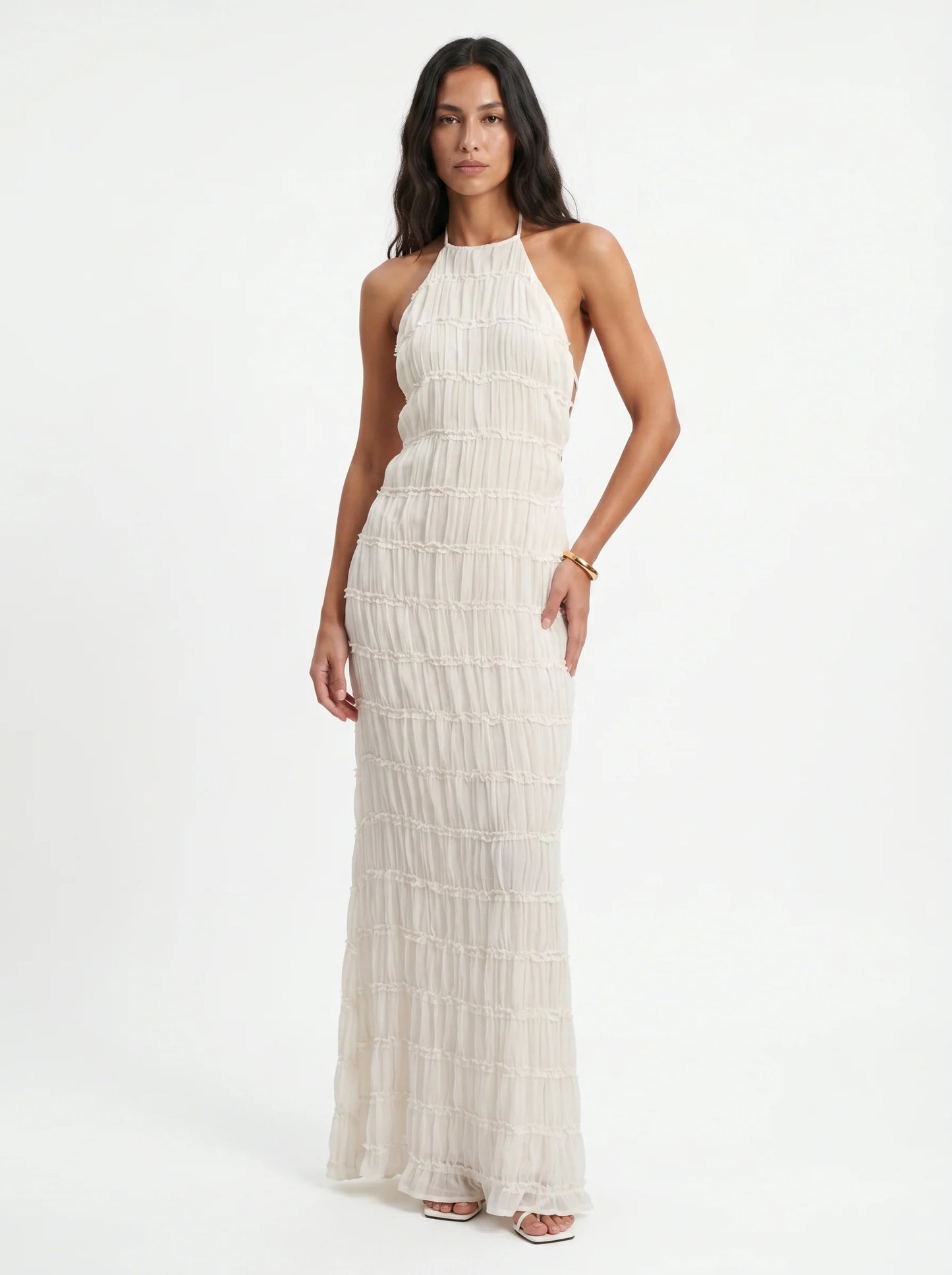Ángela - Vestido Largo Halter con Volantes Escalonados