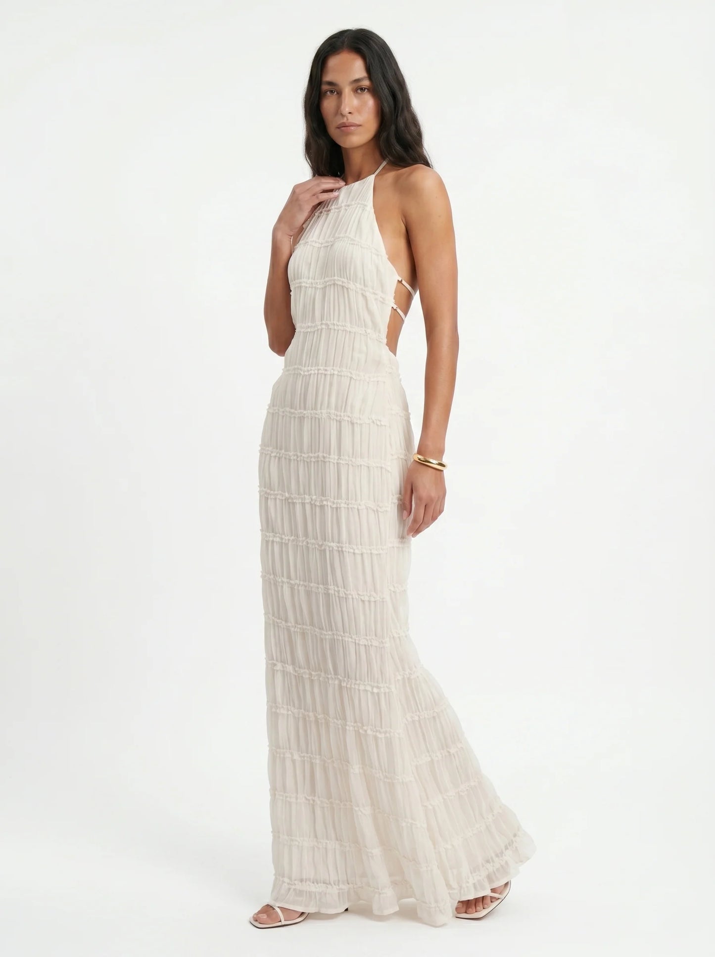 Ángela - Vestido Largo Halter con Volantes Escalonados