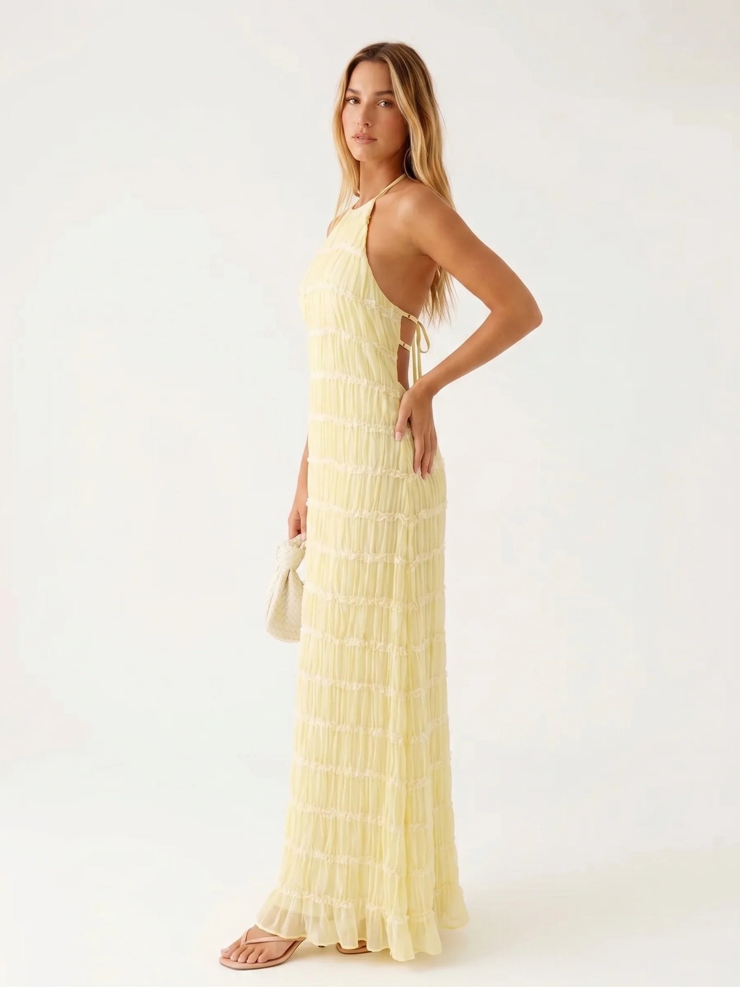 Ángela - Vestido Largo Halter con Volantes Escalonados