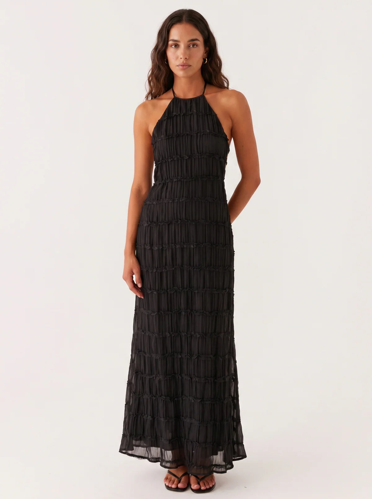 Ángela - Vestido Largo Halter con Volantes Escalonados