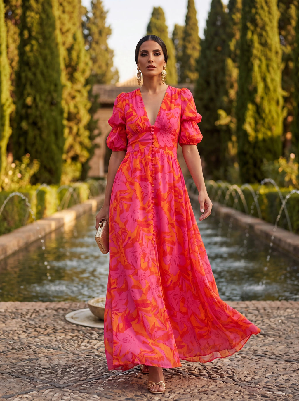Olivia - Vestido Fluido Rosa y Naranja con Escote en V