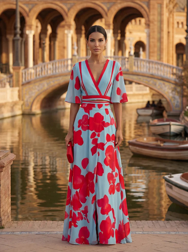 Noelle - Vestido Floral con Escote en V y Cintura Ajustable