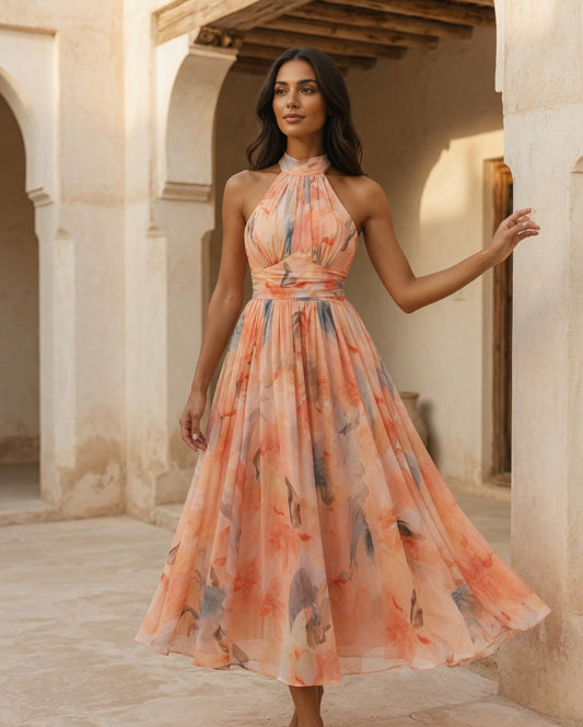 Aurora - Vestido Largo Plisado con Estampado Floral